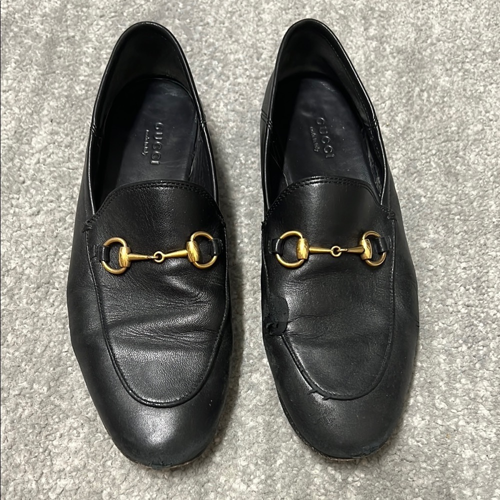 Gucci Black and Gold Loafers with Horsebit Detail